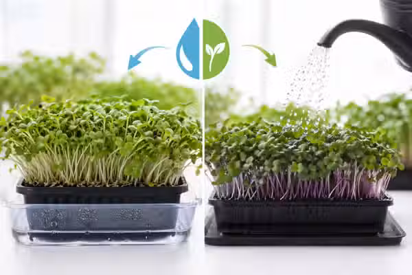 Microgreen watering guide: bottom vs top watering, frequency, and overwatering signs