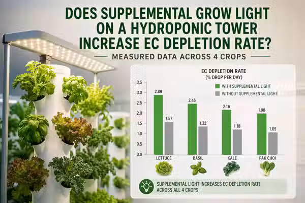 Does supplemental grow light increase EC depletion rate on a hydroponic tower? Measured data across 4 crops