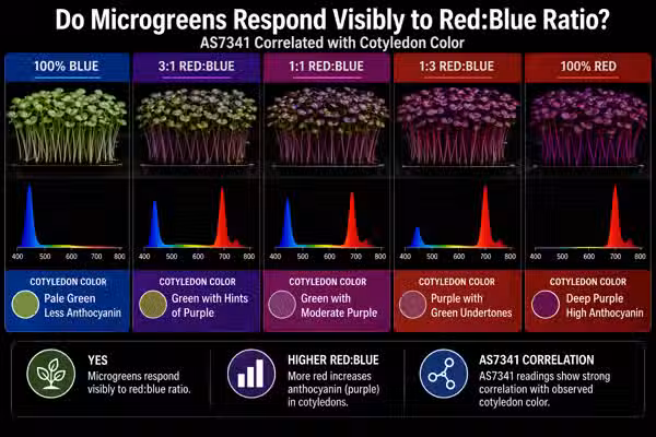 Do microgreens respond visibly to red:blue ratio? AS7341 data correlated with cotyledon color