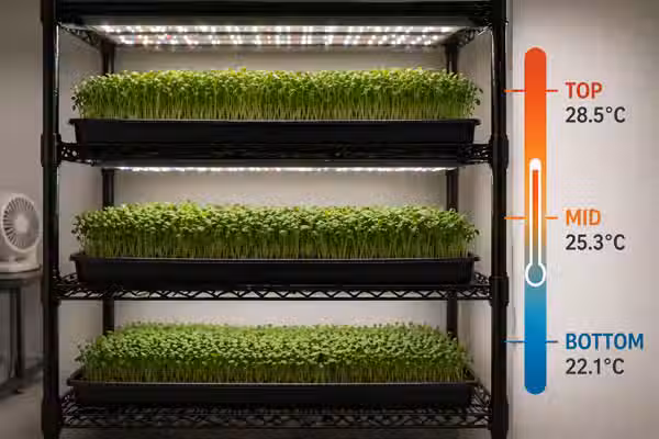3-tier grow rack temperature variance without circulation: top, mid, and bottom shelf compared