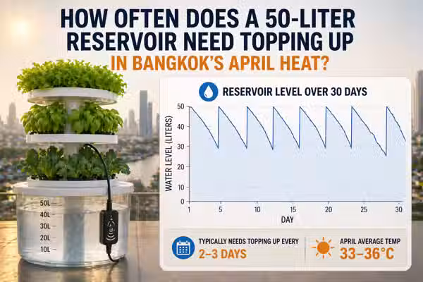 How often does a 50-litre reservoir need topping up in Bangkok's April heat? 30-day level sensor log