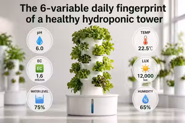 The 6-variable daily fingerprint of a healthy hydroponic tower