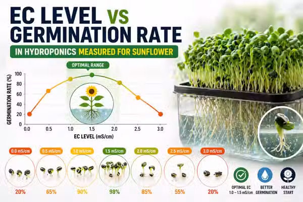 Sunflower hydroponic germination rate at EC 0.8, 1.2, 1.6, and 2.0: what the trays actually show