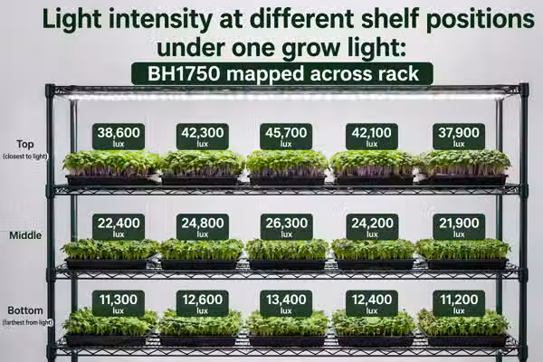 Light intensity at different shelf positions under one grow light: BH1750 mapped across a rack