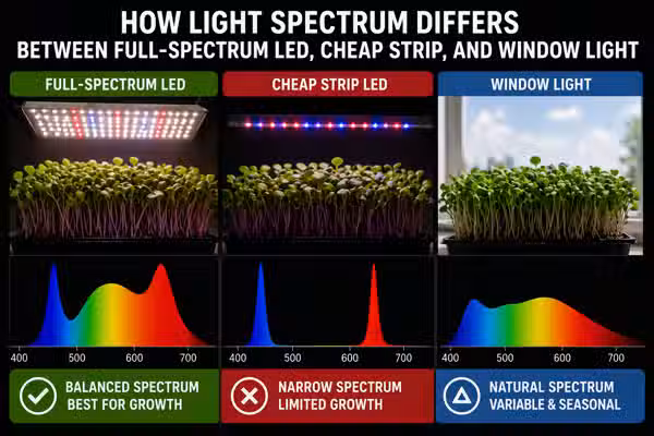 Full-spectrum LED strip vs window light spectrum for microgreens: what the data shows