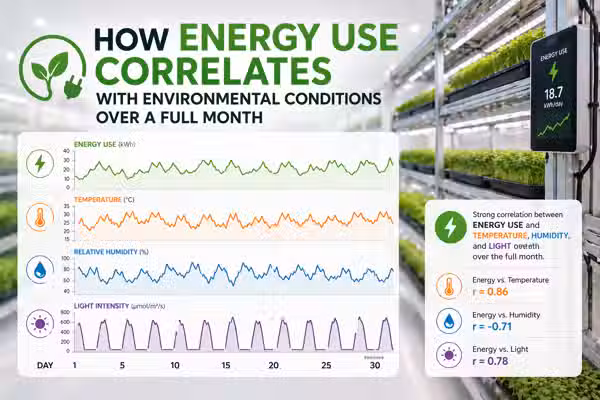How energy use correlates with environmental conditions over a full month in a grow room