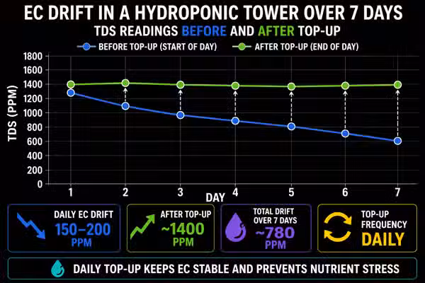 EC drift in a hydroponic tower over 7 days: TDS readings before and after top-up