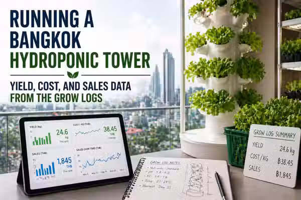 Running a Bangkok hydroponic tower: yield, cost, and sales data from the grow logs