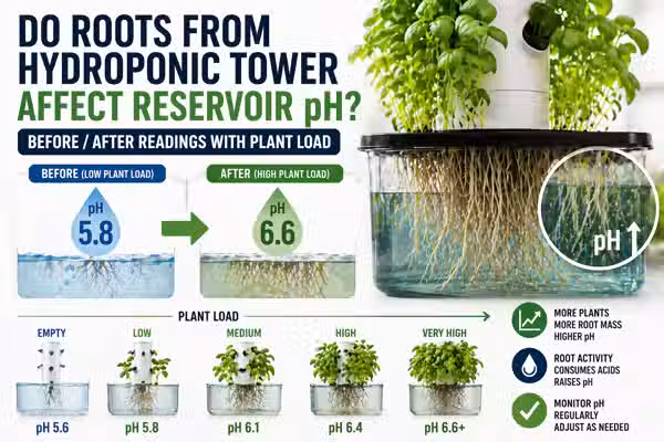 Do hydroponic tower roots affect reservoir pH? Before and after readings across plant load stages