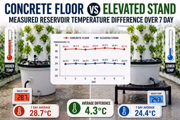 Concrete floor vs elevated stand: measured reservoir temperature difference over 7 days in a Bangkok grow room
