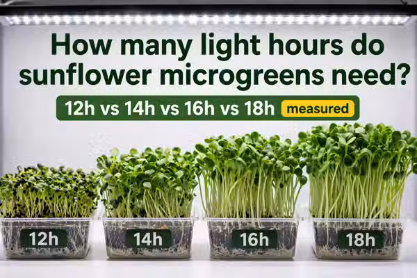 How many light hours do sunflower microgreens need: 12h vs 14h vs 16h vs 18h measured