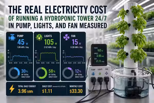 The real electricity cost of running a hydroponic tower 24/7 in Bangkok: pump, lights, and fan measured