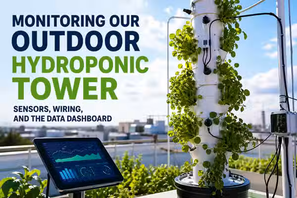 Monitoring our outdoor hydroponic tower: sensors, wiring, and the data dashboard