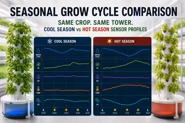 The overnight sensor profile in April vs October: temperature, humidity, and lux across seasons