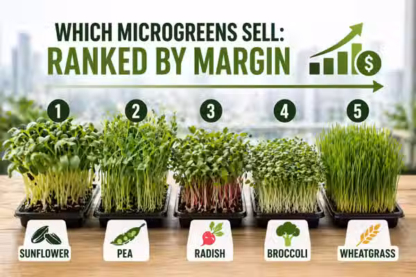 Which microgreens sell: sunflower, pea, radish, broccoli, and wheatgrass ranked by margin