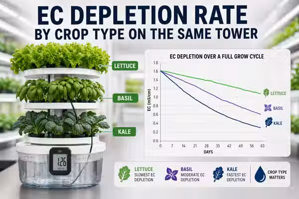 EC depletion rate by crop type on the same tower: lettuce vs basil vs kale over a full grow cycle