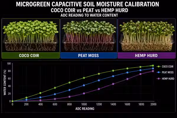 Capacitive soil moisture sensor calibration for coco coir, peat, and hemp: ADC to water content
