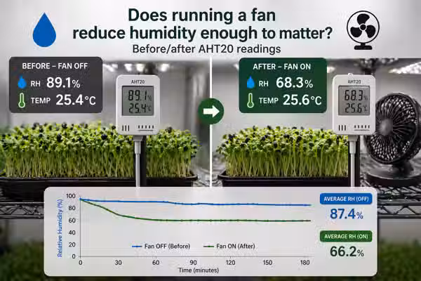 Does running a fan reduce humidity in a grow room? Before-after AHT20 readings
