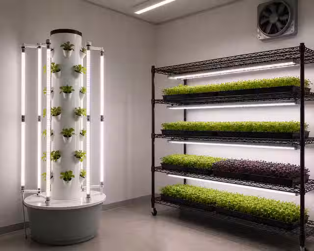 Beginner indoor microgreen setup with grow rack and LED lights
