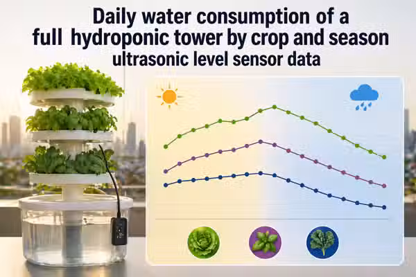 Daily water consumption of a full hydroponic tower by crop and season: ultrasonic level sensor data