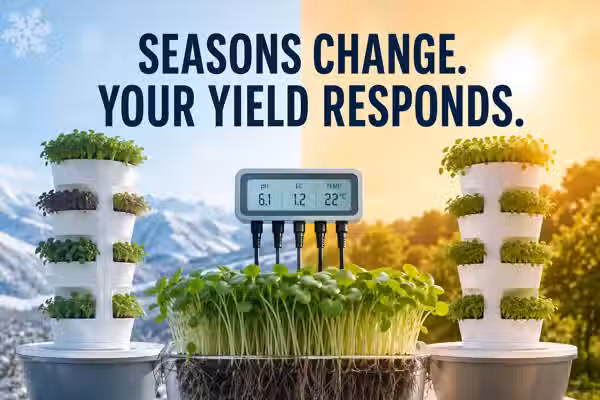 Seasonal grow cycle comparison: same crop, same tower, cool season vs hot season sensor profiles side by side